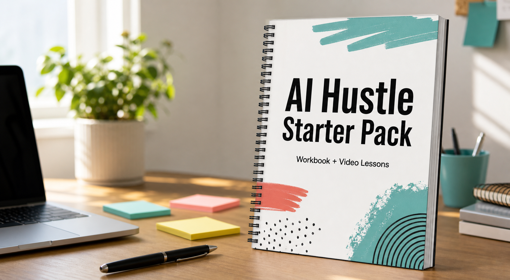 AI Hustle Starter Pack workbook on a bright desk